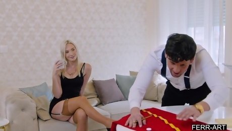 Horny MILF Blonde Claire Roos fucked her tailor in new red dress