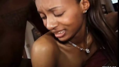 Ebony teen gets her hairy pussy drilled and creampied by a black dude