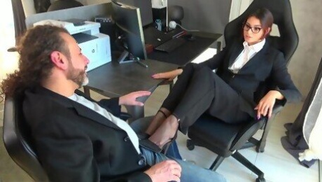 Foot Fetish Teen Manager Humiliates Businessman With Her Feet He Smells and Lick She Footjob FemDom