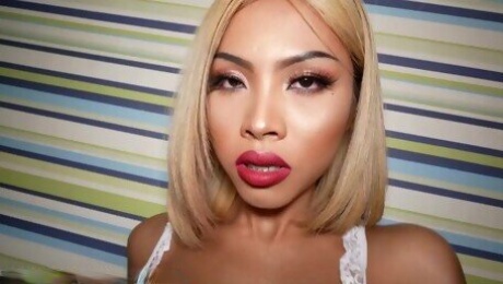 Tiny Asian ladyboy teen blonde Itim gets her tight ass toyed and fucked